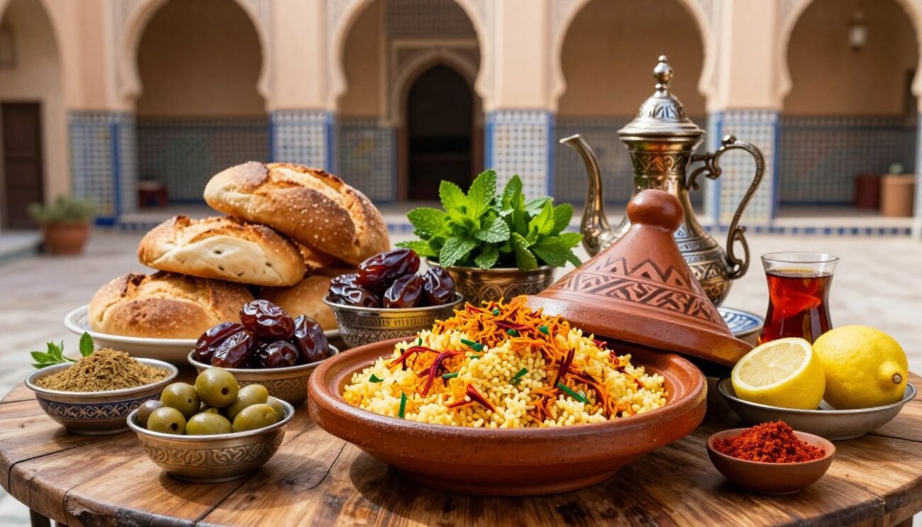A vibrant display of Moroccan local specialties arranged artfully on a traditional wooden table. Foreground: A beautifully decorated tagine filled with colorful saffron-infused couscous, surrounded by small bowls of olives, preserved lemons, and an assortment of spices like cumin and paprika. Middle ground: A selection of aromatic breads, dates, and fresh mint piled up, invitingly presented with a Moroccan tea set featuring ornate teapots and glasses. Background: Softly blurred images of traditional Moroccan architecture, including arches and mosaic tiles, reflecting warm, golden sunlight filtering through. The atmosphere is lively and inviting, with an emphasis on rich textures and earthy colors that evoke the essence of Moroccan terroir. The scene captures a sense of exploration and celebration of local flavors, inviting the viewer to discover the tastes of Morocco.