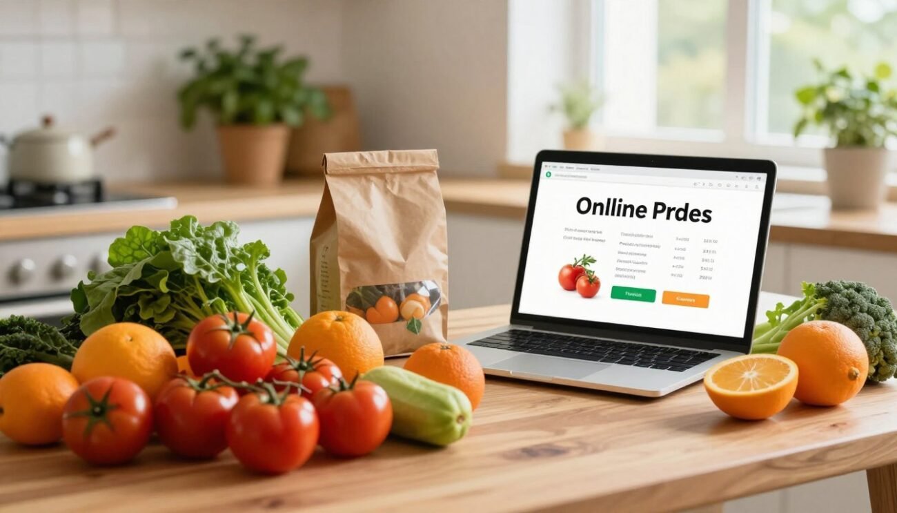A vibrant display of organic produce showcasing quality, competitive prices, and transparency in an online shopping context. In the foreground, a wooden table filled with fresh, colorful fruits and vegetables, including ripe tomatoes, leafy greens, and oranges. The middle ground features a laptop and eco-friendly packaging materials, representing online ordering, with a clear focus on the produce. In the background, a softly lit kitchen with potted herbs and natural light streaming through a window to create a warm, inviting atmosphere. The scene conveys a sense of trust and quality, with soft shadows and a focus on the fruits’ textures. Overall, the mood is fresh, healthy, and transparent, emphasizing the essence of organic food shopping.