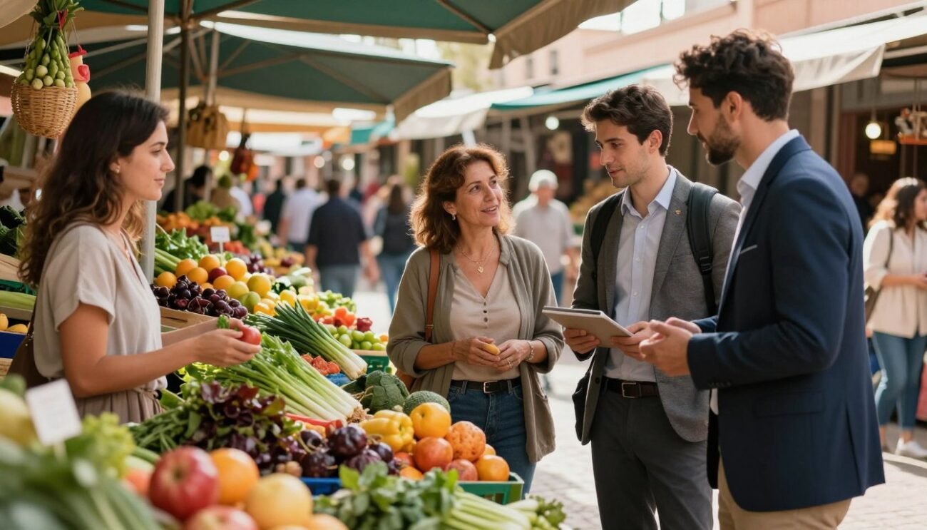 A vibrant farmer's market scene showcasing consumers engaging with organic products. In the foreground, a diverse group of three people, including a middle-aged woman in modest casual clothing examining fresh organic vegetables, and a young man in business attire discussing with a vendor. The middle layer features colorful stands filled with various organic products, like fruits, vegetables, and artisanal goods, all beautifully arranged. In the background, a sunny Moroccan marketplace with traditional architecture, bustling with shoppers and greenery. The lighting is warm and inviting, capturing a joyful atmosphere of community and sustainability. The image should evoke a sense of trust and satisfaction in organic shopping, with no text or digital artifacts present. A vibrant farmer's market scene showcasing consumers engaging with organic products. In the foreground, a diverse group of three people, including a middle-aged woman in modest casual clothing examining fresh organic vegetables, and a young man in business attire discussing with a vendor. The middle layer features colorful stands filled with various organic products, like fruits, vegetables, and artisanal goods, all beautifully arranged. In the background, a sunny Moroccan marketplace with traditional architecture, bustling with shoppers and greenery. The lighting is warm and inviting, capturing a joyful atmosphere of community and sustainability. The image should evoke a sense of trust and satisfaction in organic shopping, with no text or digital artifacts present.