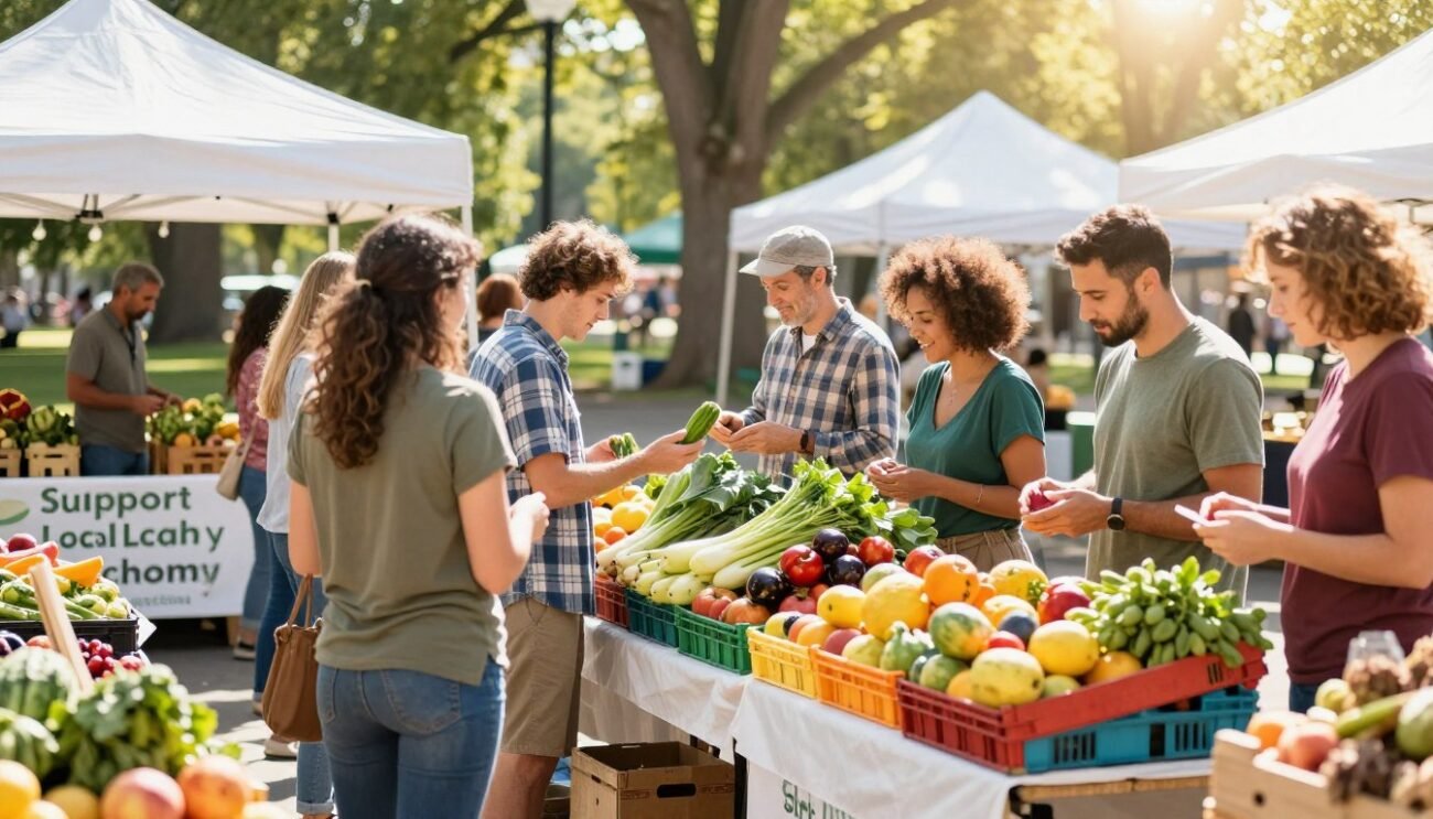 A vibrant farmer's market scene with various booths showcasing local produce and handmade goods. In the foreground, a diverse group of people, dressed in modest casual clothing, enthusiastically engages with local farmers, discussing fresh vegetables, fruits, and artisanal products. In the middle, colorful crates filled with organic fruits and vegetables create a visually appealing display, while banners emphasizing "Support Local Economy" or "Short Supply Chains" are subtly integrated into the stalls. The background features a sunny park setting with greenery and trees, creating a warm, inviting atmosphere. The lighting is bright and natural, capturing the essence of a lively market day, with a slight lens flare to enhance the joyful mood.