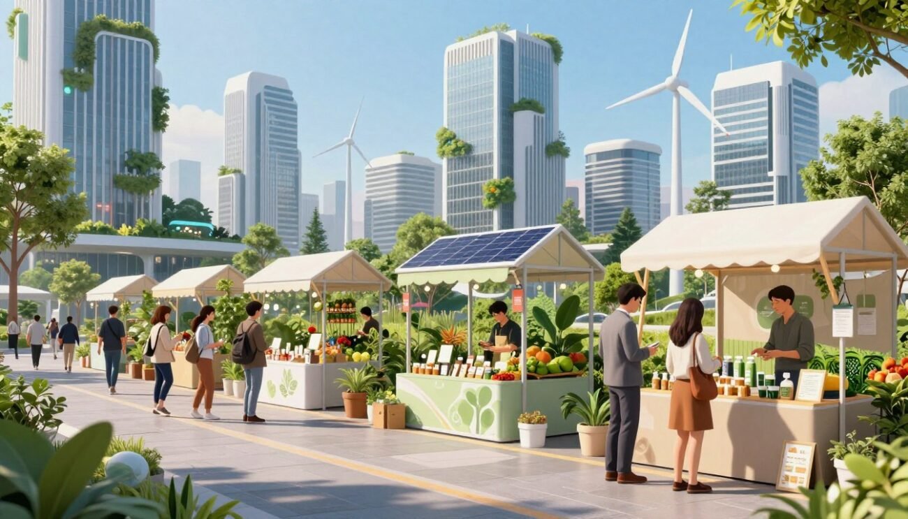 A vibrant, futuristic city scene emphasizing innovations in sustainable consumption. In the foreground, diverse individuals in professional and modest casual attire examine eco-friendly products at an open-air market, engaging with local vendors. The middle ground features modern, solar-powered kiosks and urban garden patches, showcasing renewable energy solutions and organic produce. The background displays sleek skyscrapers adorned with greenery and wind turbines, under a clear blue sky that creates a sense of optimism and progression. Soft, natural lighting casts gentle shadows, enhancing the scene's warmth and inviting atmosphere. The overall mood conveys a harmonious blend of technology and nature, reflecting future trends in responsible consumption.