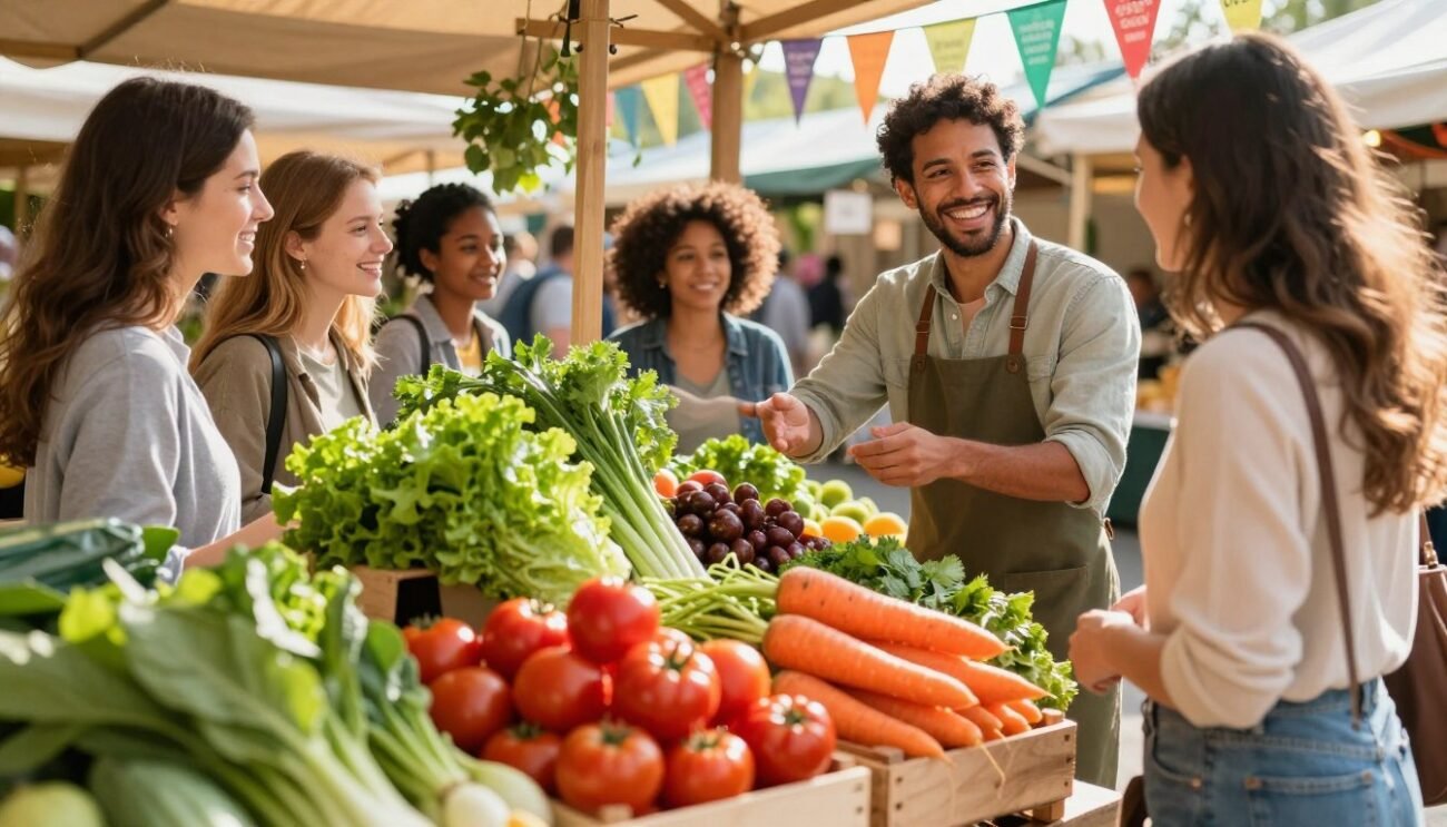 A vibrant market scene featuring an array of organic products, highlighted in a visually appealing display. In the foreground, fresh fruits and vegetables, such as vivid red tomatoes, bright orange carrots, and leafy green lettuce, are artfully arranged in wooden crates. In the middle, a friendly vendor, wearing a casual, professional outfit, engages with a diverse group of customers excitedly examining the organic offerings. The background reveals a sunlit market setting, with colorful bunting and natural wooden stalls creating a warm, inviting atmosphere. Soft, golden lighting enhances the organic feel, while an overhead shot captures the lively interactions and abundance of eco-friendly products. The overall mood is cheerful, emphasizing the joy of discovering special offers and exceptional organic promotions.
