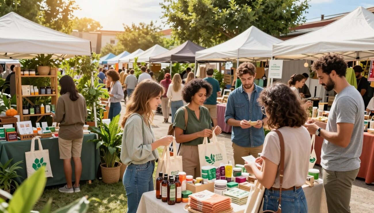 A vibrant marketplace scene showcasing eco-responsible platforms. In the foreground, a diverse group of professionals in modest casual clothing examines sustainable products like reusable bags and biodegradable items. The middle ground features beautifully arranged stalls with greenery, wooden shelves, and colorful displays of eco-friendly goods. In the background, a sunny sky casts warm light over the bustling market, with trees and plants enhancing the atmosphere of sustainability. The angle is slightly elevated, giving a panoramic view of the lively scene that emphasizes collaboration and environmental consciousness. The mood is cheerful and hopeful, illustrating a community that values sustainability and responsible consumerism. A vibrant marketplace scene showcasing eco-responsible platforms. In the foreground, a diverse group of professionals in modest casual clothing examines sustainable products like reusable bags and biodegradable items. The middle ground features beautifully arranged stalls with greenery, wooden shelves, and colorful displays of eco-friendly goods. In the background, a sunny sky casts warm light over the bustling market, with trees and plants enhancing the atmosphere of sustainability. The angle is slightly elevated, giving a panoramic view of the lively scene that emphasizes collaboration and environmental consciousness. The mood is cheerful and hopeful, illustrating a community that values sustainability and responsible consumerism.