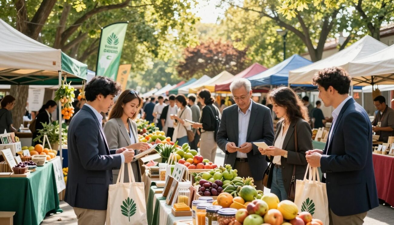A vibrant marketplace scene showcasing the advantages of sustainable consumption. In the foreground, a diverse group of individuals in professional business attire is engaging with local vendors, examining eco-friendly products such as reusable bags, organic fruits, and handmade crafts. The midground features colorful market stalls surrounded by lush greenery and banners highlighting sustainability. In the background, sunlight filters through a canopy of trees, casting a warm, inviting glow over the scene. The overall atmosphere is lively and positive, emphasizing community engagement and responsible shopping practices. The image should be rich in detail, with clear focus on products and the interactions among shoppers, using natural lighting to enhance the sense of harmony and connection.