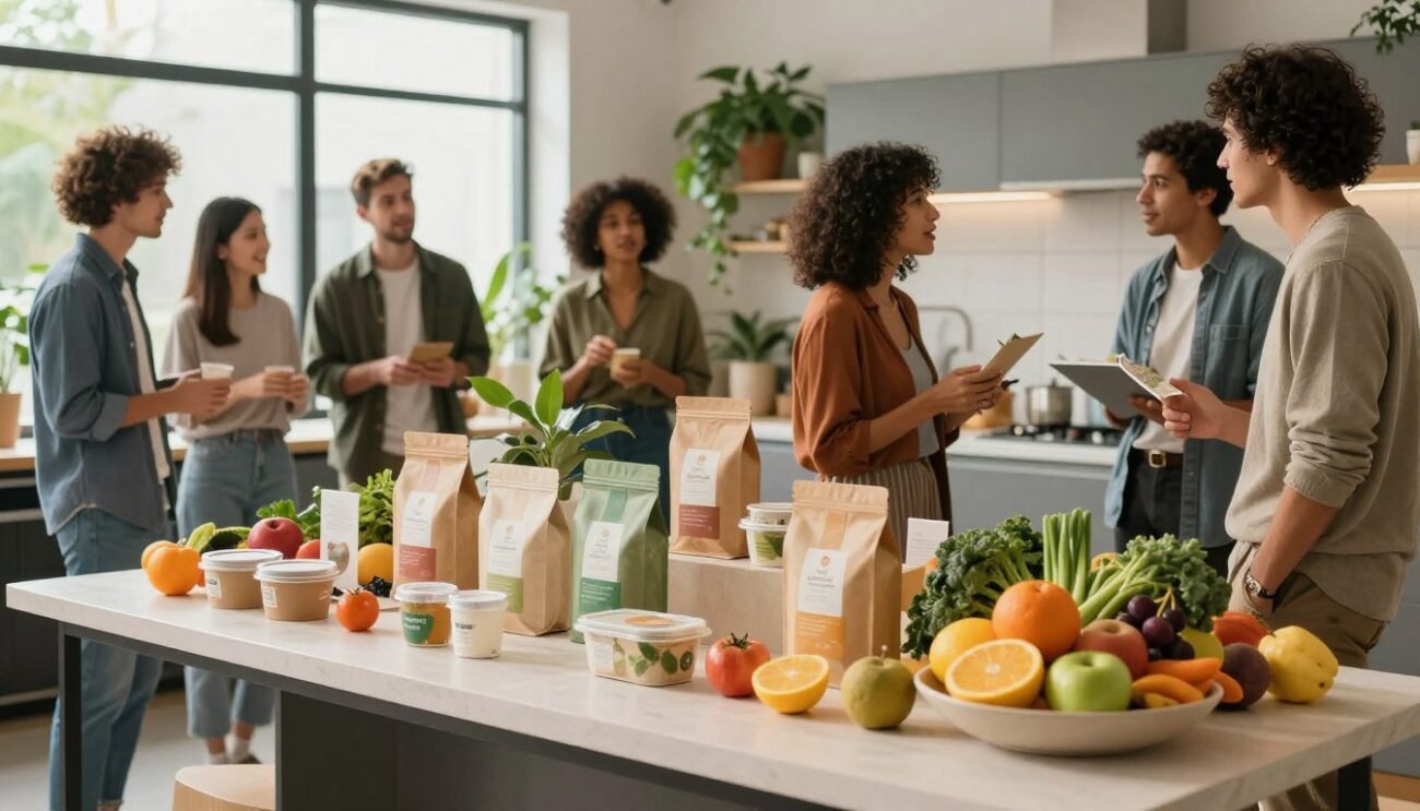 A vibrant, modern workspace showcasing innovative organic products. In the foreground, an elegant display table features an array of new biodegradable packaging and eco-friendly containers. Bright, fresh organic fruits and vegetables in innovative presentations are artfully arranged. In the middle ground, a diverse group of professionals in smart casual attire engage in animated discussions, examining product samples and brainstorming ideas. The background reveals a sleek kitchen with green plants and natural light streaming in through large windows, enhancing the lively atmosphere. Use soft lighting for a warm, inviting feel, and capture the scene with a slight upward angle to emphasize the excitement of innovation in the organic sector.