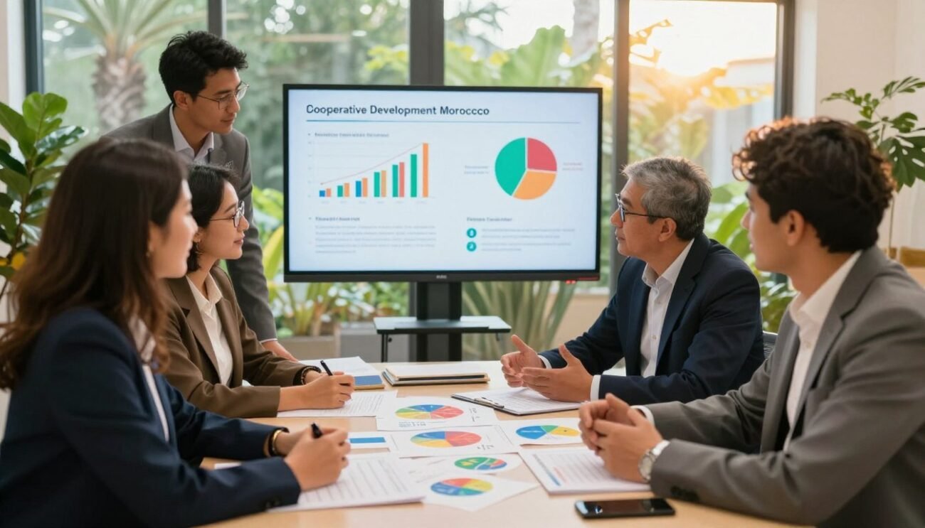 A vibrant scene depicting cooperative partnerships and collaborations, showcasing a diverse group of individuals engaged in a brainstorming session around a large table. In the foreground, two women and two men, dressed in professional business attire, are animatedly discussing a project, with colorful charts and documents scattered on the table. In the middle ground, a digital screen displays key statistics on cooperative development in Morocco. The background features large windows with greenery outside, symbolizing growth and community. Warm, natural lighting flows in, creating an inviting atmosphere. The overall mood is one of teamwork, innovation, and positive collaboration, reflecting the spirit of supportive partnerships in the cooperative sector. A vibrant scene depicting cooperative partnerships and collaborations, showcasing a diverse group of individuals engaged in a brainstorming session around a large table. In the foreground, two women and two men, dressed in professional business attire, are animatedly discussing a project, with colorful charts and documents scattered on the table. In the middle ground, a digital screen displays key statistics on cooperative development in Morocco. The background features large windows with greenery outside, symbolizing growth and community. Warm, natural lighting flows in, creating an inviting atmosphere. The overall mood is one of teamwork, innovation, and positive collaboration, reflecting the spirit of supportive partnerships in the cooperative sector.