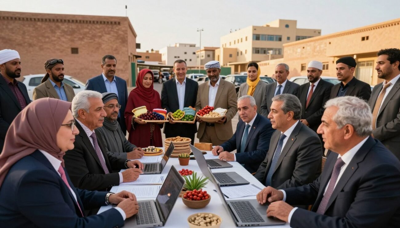 A vibrant scene depicting the collaboration between government officials and cooperative members in Morocco, illustrating governmental initiatives for cooperative support. In the foreground, a diverse group of professionals, including men and women in smart business attire, discuss plans over a table covered with documents and laptops, showcasing teamwork and innovation. The middle ground features cooperative members proudly displaying their local products, like handicrafts and agricultural goods, symbolizing economic empowerment. In the background, a Moroccan urban setting with a mix of traditional architecture and modern buildings, bathed in warm, golden sunlight, creating an inspiring and hopeful atmosphere. The angle captures the dynamic interaction among the people, emphasizing their commitment to local development. A vibrant scene depicting the collaboration between government officials and cooperative members in Morocco, illustrating governmental initiatives for cooperative support. In the foreground, a diverse group of professionals, including men and women in smart business attire, discuss plans over a table covered with documents and laptops, showcasing teamwork and innovation. The middle ground features cooperative members proudly displaying their local products, like handicrafts and agricultural goods, symbolizing economic empowerment. In the background, a Moroccan urban setting with a mix of traditional architecture and modern buildings, bathed in warm, golden sunlight, creating an inspiring and hopeful atmosphere. The angle captures the dynamic interaction among the people, emphasizing their commitment to local development.