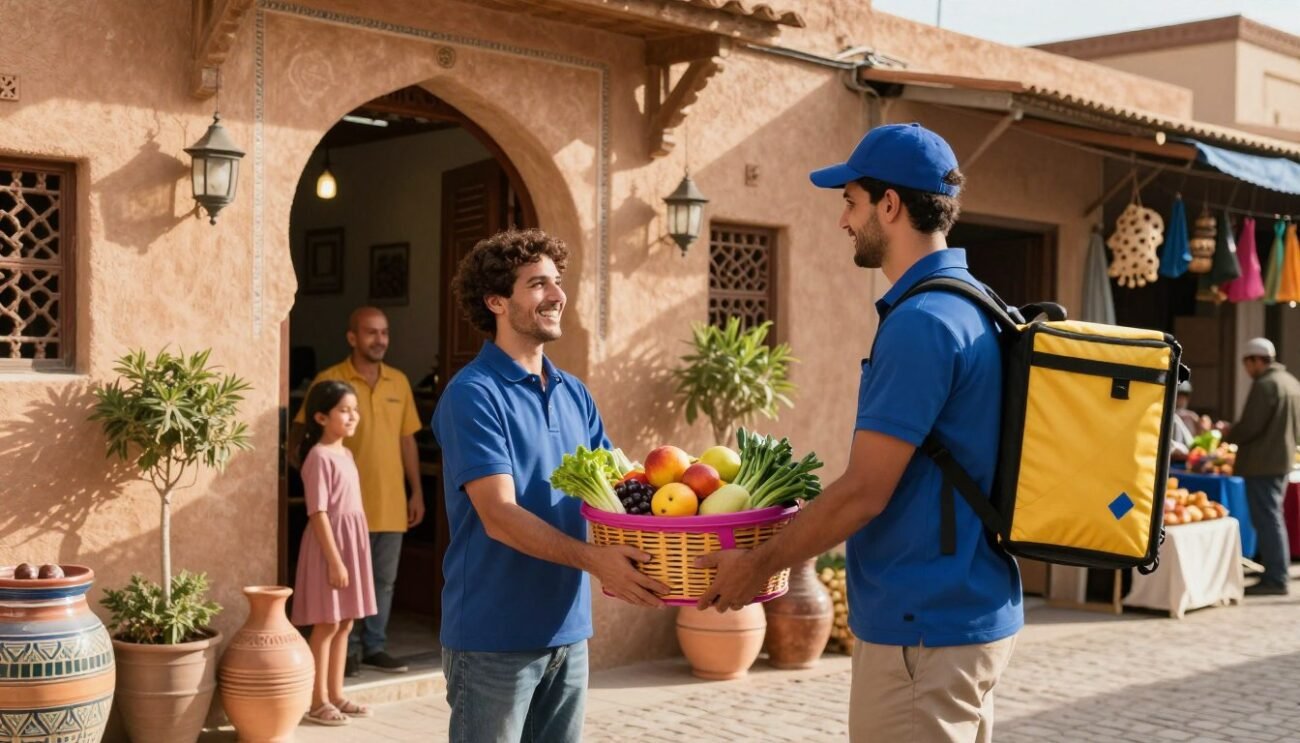 A vibrant scene depicting the concept of home delivery and pick-up options for local products in Morocco. In the foreground, a friendly delivery person in a professional attire is handing over a colorful basket filled with fresh local produce, like fruits and vegetables, to a happy family at their doorstep. The middle ground features a welcoming entrance of a cozy Moroccan home with decorative details, such as pottery and plants. In the background, a bustling street market can be seen, with vendors selling various local goods, creating a lively atmosphere. The lighting is warm and inviting, simulating late afternoon sunlight, casting soft shadows. Capture an atmosphere of community and convenience that reflects the essence of local delivery services. A vibrant scene depicting the concept of home delivery and pick-up options for local products in Morocco. In the foreground, a friendly delivery person in a professional attire is handing over a colorful basket filled with fresh local produce, like fruits and vegetables, to a happy family at their doorstep. The middle ground features a welcoming entrance of a cozy Moroccan home with decorative details, such as pottery and plants. In the background, a bustling street market can be seen, with vendors selling various local goods, creating a lively atmosphere. The lighting is warm and inviting, simulating late afternoon sunlight, casting soft shadows. Capture an atmosphere of community and convenience that reflects the essence of local delivery services.