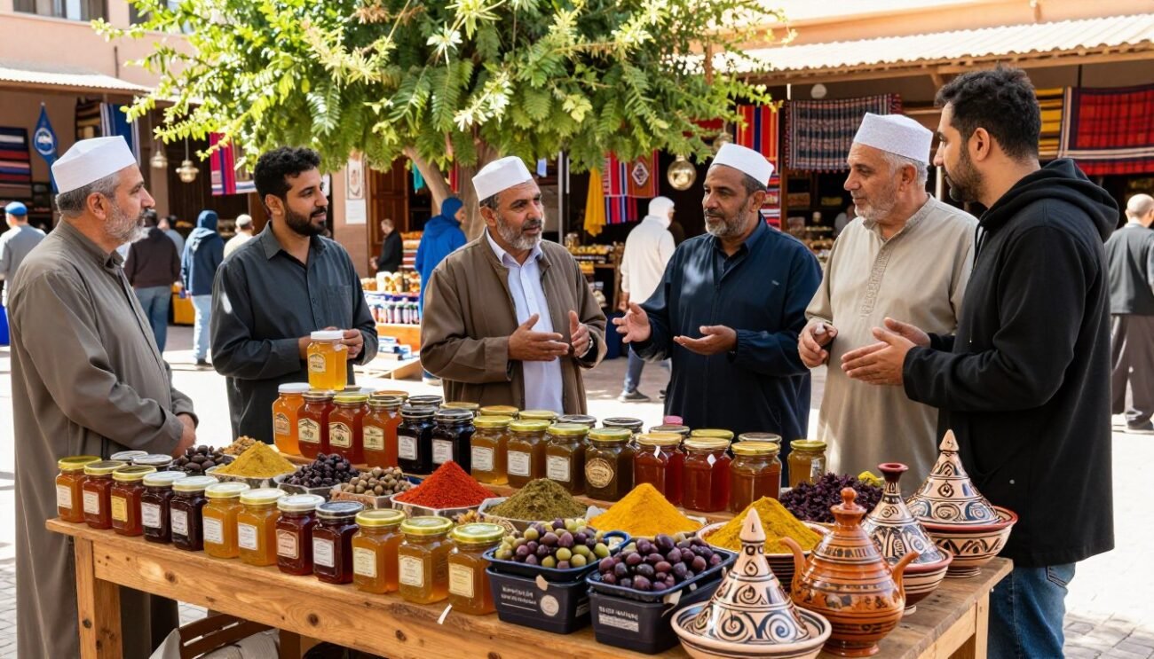 A vibrant scene showcasing local Moroccan products being valorized. In the foreground, a wooden table is filled with an array of authentic Moroccan goods: jars of honey, olives, spices, and traditional pottery. In the middle ground, a group of diverse individuals, dressed in modest casual clothing, engage in lively discussions about these products. They are involved in a local initiative to promote these flavors. The background features a picturesque Moroccan market with colorful stalls and lush greenery, bathed in warm sunlight, creating an inviting atmosphere. Capture the scene with a wide-angle lens to emphasize the products and the interaction among people, evoking a sense of community and cultural pride.