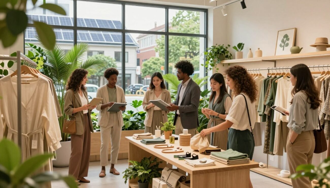 A vibrant scene showcasing the evolution of ethical and sustainable fashion. In the foreground, a diverse group of individuals dressed in stylish, professional business attire, engaged in selecting eco-friendly clothing from a brightly lit boutique filled with lush greenery. In the middle, sustainable fashion pieces, like organic cotton attire and accessories made from recycled materials, are displayed elegantly. The background features large windows allowing natural light to cascade into the space, revealing an urban landscape with solar panels on rooftops and tree-lined streets, emphasizing an eco-conscious lifestyle. The atmosphere is inspiring and hopeful, highlighting the journey towards more responsible and imaginative fashion choices. Soft, warm lighting adds an inviting ambiance, ideal for this progressive narrative on sustainable practices.