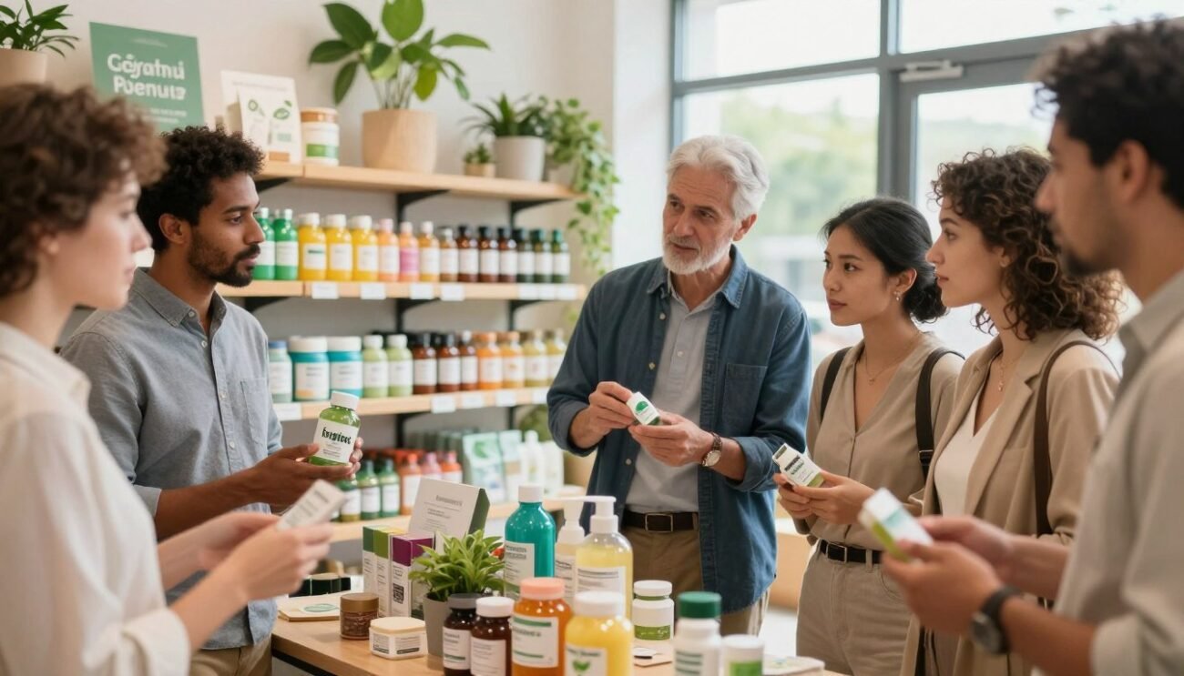 A vibrant scene showcasing the importance of labels and certifications in responsible consumption. In the foreground, a diverse group of individuals, dressed in smart casual attire, examines various eco-friendly products with certification labels. They express curiosity and engagement. In the middle ground, a display of colorful, well-organized shelves filled with sustainably sourced products, featuring visible labels such as "organic," "fair trade," and "eco-friendly." The background includes a bright, inviting store environment with greenery and natural light streaming through large windows, enhancing the atmosphere of sustainability and responsibility. Emphasize a harmonious ambiance, with a lens focus that highlights the labels while softly blurring the background to draw attention to the certified products. The scene radiates optimism and awareness about eco-friendly choices.