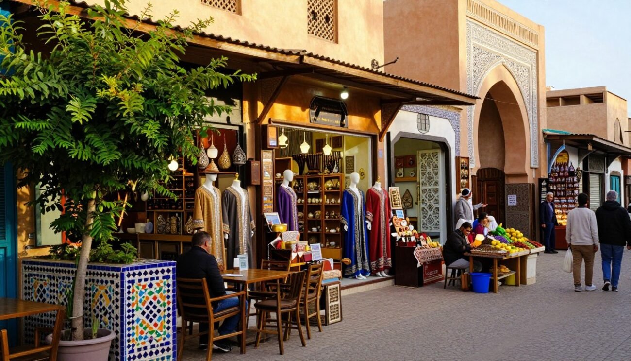 A vibrant street scene showcasing a variety of commercial shops in Morocco, highlighting the diversity of local businesses. In the foreground, a small cafe with outdoor seating featuring colorful mosaic tiles and lush greenery. In the middle ground, a boutique selling traditional handicrafts, with mannequins dressed in Moroccan attire displayed in the window. Street vendors can be seen selling fruits and spices, contributing to the lively atmosphere. In the background, traditional Moroccan architecture with intricate patterns and arched doorways. The lighting is warm and inviting, capturing the golden hour glow, creating a welcoming ambiance. The scene conveys a sense of community and cultural richness, emphasizing the importance of supporting local commerce.