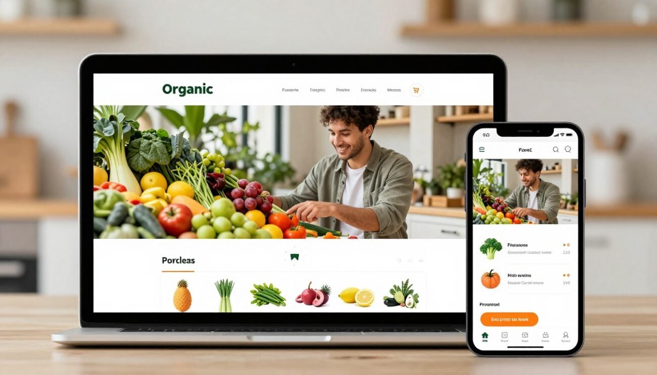 A vibrant, user-friendly online shopping interface focused on organic products, featuring a desktop and mobile screen side by side. The foreground displays a detailed view of a colorful website showcasing fresh fruits and vegetables, with easy-to-navigate categories and a shopping cart icon. In the middle, a person in smart casual attire is engaging with the site on the laptop, smiling as they explore various options. The background is softly blurred, hinting at a cozy, modern kitchen or workspace, illuminated by warm natural light. The atmosphere is inviting and professional, conveying efficiency and ease of use in online ordering. The composition emphasizes accessibility and the joy of shopping for organic groceries in Morocco.