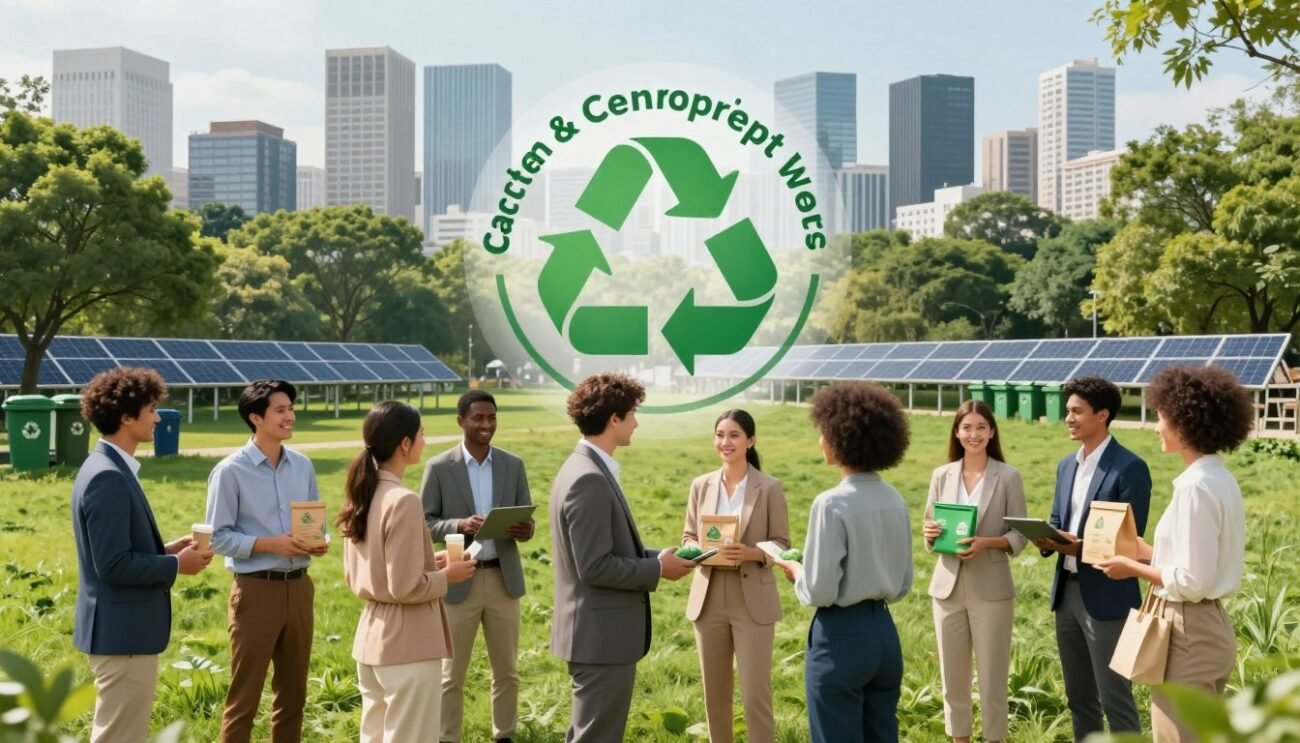 A vibrant, visually striking depiction of circular economy concepts emphasizing carbon footprint reduction. In the foreground, a diverse group of business professionals, dressed in smart casual attire, are exchanging eco-friendly products like biodegradable packaging and reusable goods, highlighting collaboration. The middle ground features a lush green park with recycling bins and solar panels, symbolizing sustainable practices. In the background, a city skyline blends modern architecture with abundant greenery, illustrating urban sustainability. Soft, natural lighting enhances the scene, creating an optimistic atmosphere. The angle captures a balanced view of innovation and nature working in harmony, fostering a positive mood around responsible product choices and their environmental impact.