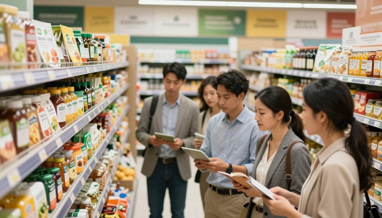 A visually striking composition illustrating the impact of consumer certifications on choice. In the foreground, a diverse group of consumers (dressed in business casual attire) examines organic products on a supermarket shelf, showcasing a variety of labels and certifications like "organic," "fair trade," and "eco-friendly." The middle ground features an inviting, well-lit aisle filled with colorful organic goods, promoting a sense of abundance and health. In the background, soft-focus shelves display additional certifications and marketing materials that subtly highlight the importance of informed consumer choices. The overall mood is enlightening and optimistic, with warm, natural lighting illuminating the scene, creating an inclusive atmosphere that encourages sustainable consumption. Capture the image from a slightly elevated angle to provide an overview of the scene while emphasizing the products. A visually striking composition illustrating the impact of consumer certifications on choice. In the foreground, a diverse group of consumers (dressed in business casual attire) examines organic products on a supermarket shelf, showcasing a variety of labels and certifications like "organic," "fair trade," and "eco-friendly." The middle ground features an inviting, well-lit aisle filled with colorful organic goods, promoting a sense of abundance and health. In the background, soft-focus shelves display additional certifications and marketing materials that subtly highlight the importance of informed consumer choices. The overall mood is enlightening and optimistic, with warm, natural lighting illuminating the scene, creating an inclusive atmosphere that encourages sustainable consumption. Capture the image from a slightly elevated angle to provide an overview of the scene while emphasizing the products.