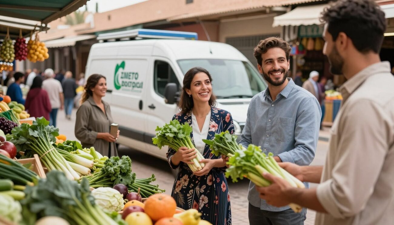 A warm, inviting scene depicting satisfied customers of a biological product delivery service in Morocco. In the foreground, a diverse group of three individuals, including a smiling woman wearing a professional floral dress and two men in casual business attire, enthusiastically holding organic produce in their hands. The middle ground shows a delivery van with the company's logo parked nearby, surrounded by lush green vegetables and fruits displayed on a wooden table. The background features a sunny Moroccan marketplace with colorful stalls and joyful shoppers. Soft, natural lighting enhances the joyful atmosphere, creating a sense of community and satisfaction. The angle captures the excitement and trust of customers experiencing quick delivery, reflecting their happiness with the service.