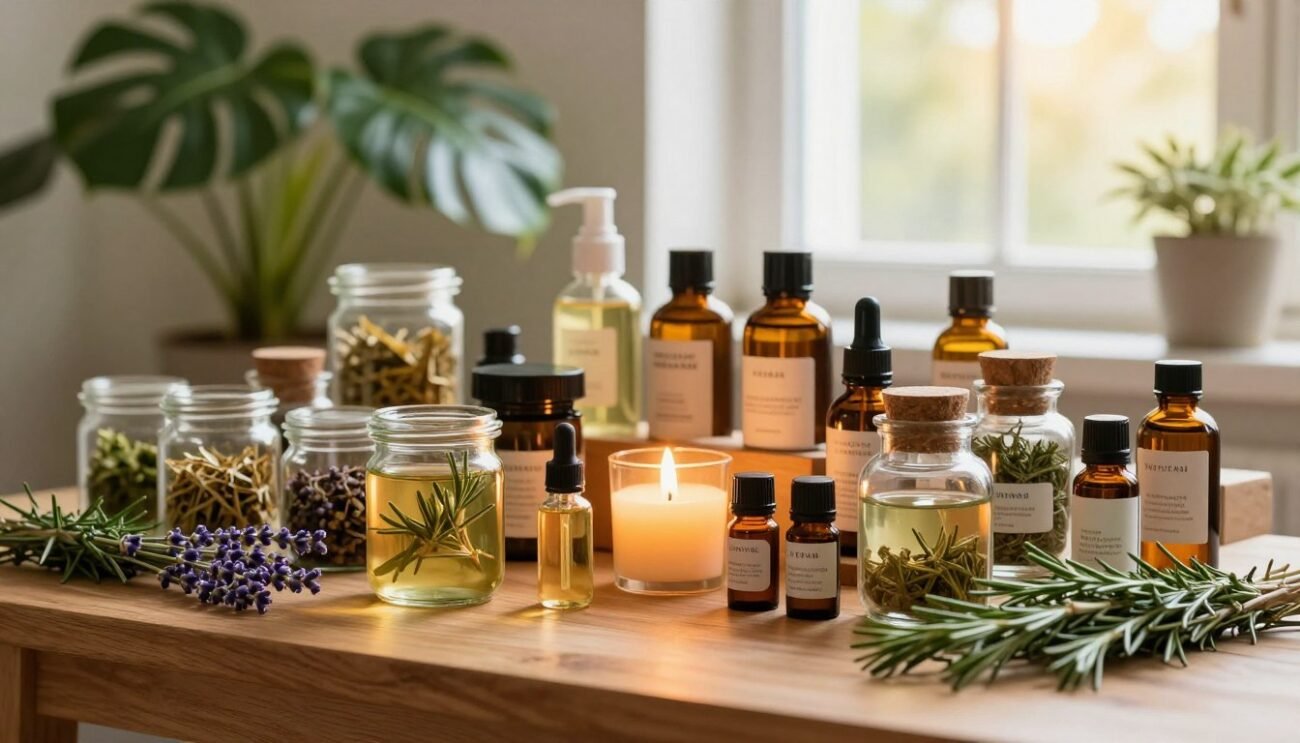 A well-organized display of natural products, featuring essential oils, herbal remedies, and organic skincare items. In the foreground, a wooden table is arranged with glass jars containing herbal infusions and oils, complemented by fresh herbs like lavender and rosemary. In the middle, a beautifully lit scene showcases a softly glowing candle among the products, evoking tranquility. In the background, a lush green plant and a sun-drenched window create a serene atmosphere. The lighting is warm and inviting, reminiscent of a cozy wellness shop, with soft shadows enhancing the textures of the natural materials. The overall mood is calming and nurturing, aiming to inspire a connection with nature and holistic health. A well-organized display of natural products, featuring essential oils, herbal remedies, and organic skincare items. In the foreground, a wooden table is arranged with glass jars containing herbal infusions and oils, complemented by fresh herbs like lavender and rosemary. In the middle, a beautifully lit scene showcases a softly glowing candle among the products, evoking tranquility. In the background, a lush green plant and a sun-drenched window create a serene atmosphere. The lighting is warm and inviting, reminiscent of a cozy wellness shop, with soft shadows enhancing the textures of the natural materials. The overall mood is calming and nurturing, aiming to inspire a connection with nature and holistic health.