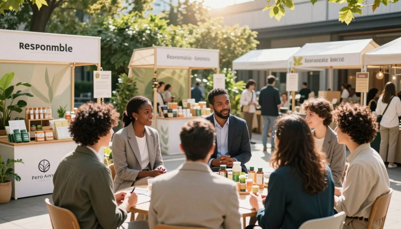 An inspiring scene showcasing various international responsible brands, presented in a vibrant, modern marketplace. In the foreground, a collaborative group, consisting of diverse individuals in professional business attire, is engaged in a brainstorming session around a display of eco-friendly products. The middle ground features stalls adorned with visually appealing signage highlighting sustainable packaging, zero-waste goods, and ethically sourced items. In the background, green foliage blends seamlessly with urban architecture, symbolizing harmony between nature and commerce. Natural sunlight filters through, casting a warm glow that enhances the atmosphere of innovation and responsibility. The overall mood is optimistic and forward-thinking, inviting viewers to explore the positive impact of conscious consumerism.