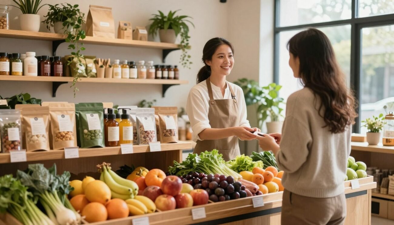 An inviting organic boutique interior showcasing a meticulous selection of high-quality bio products. In the foreground, shelves display an array of vibrant fruits, vegetables, and eco-friendly packaging, meticulously arranged to highlight freshness and variety. The middle ground features a knowledgeable female shopkeeper in professional attire, engaging warmly with a customer, embodying a friendly atmosphere. The background reveals natural wood accents and soft green plants, creating a calming vibe. Gentle, warm lighting filters through large windows, casting soft shadows and enhancing the organic colors of the products. The overall mood is serene and welcoming, inviting customers to indulge in a mindful shopping experience focused on well-being and sustainability. An inviting organic boutique interior showcasing a meticulous selection of high-quality bio products. In the foreground, shelves display an array of vibrant fruits, vegetables, and eco-friendly packaging, meticulously arranged to highlight freshness and variety. The middle ground features a knowledgeable female shopkeeper in professional attire, engaging warmly with a customer, embodying a friendly atmosphere. The background reveals natural wood accents and soft green plants, creating a calming vibe. Gentle, warm lighting filters through large windows, casting soft shadows and enhancing the organic colors of the products. The overall mood is serene and welcoming, inviting customers to indulge in a mindful shopping experience focused on well-being and sustainability.